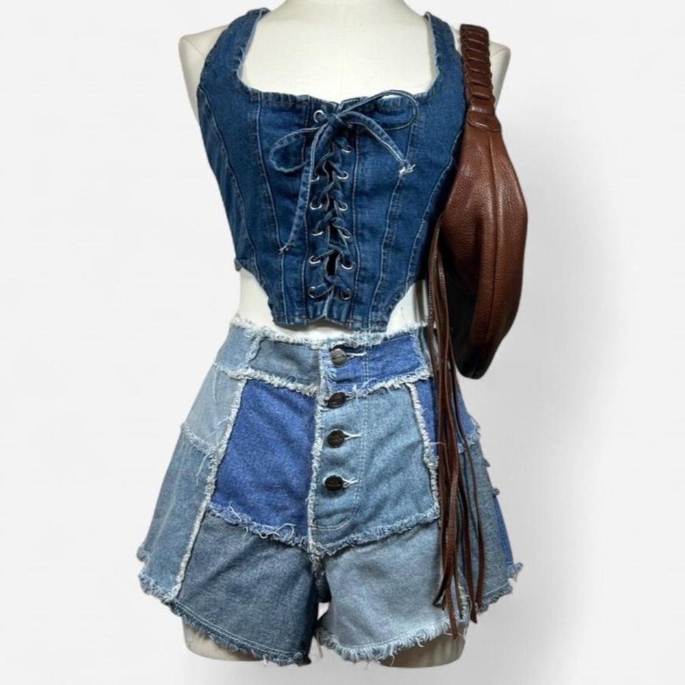 Vintage 90s Distressed Patchwork High Rise Denim Shorts Waist 27" Festival Boho